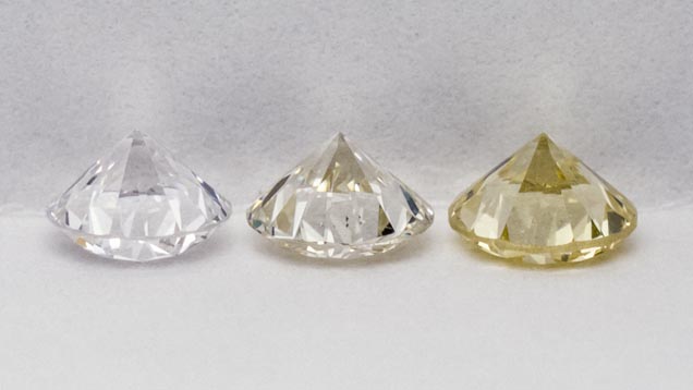 3 diamonds with grade E, K, and Z represent diamond colors near the top, middle, and bottom of the GIA Color Scale