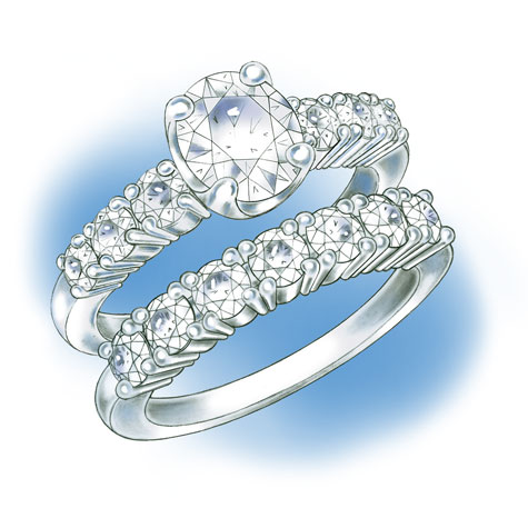 ロウ付けが行われる前の、ダイヤモンドで飾られている婚約指輪と結婚指輪のセットのクローズアップ図