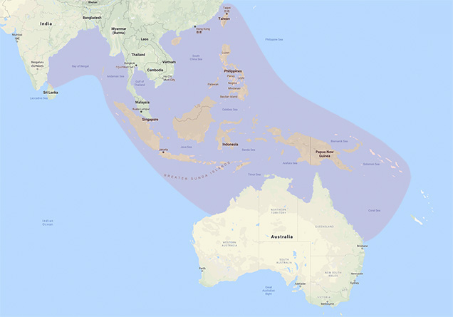 Distribution range of the Pinctada maxima mollusk.