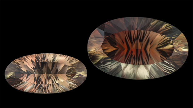 比尤特太阳石因其晶体融合了精美绝伦的红色与绿色双色宝石而闻名。 较大的石头重达为 23.40 克拉，令人惊叹；较小的重 7.50 克拉 摄影： Robert Weldon
