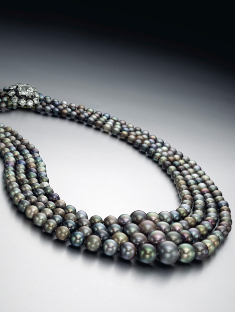 This four-strand colored natural pearl necklace set a record bid of $5.2 million from an Asian private buyer at Christie’s April 14 auction in New York. Photo courtesy of Christie’s