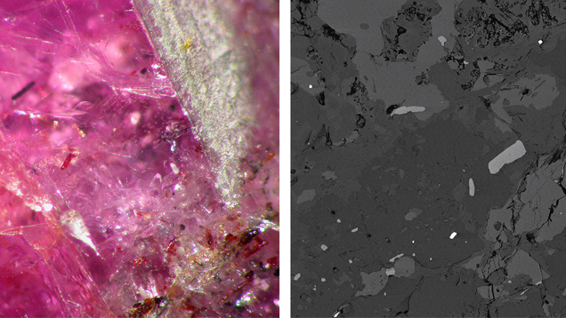 Left: Brown prismatic rutile inclusions within ruby from Snezhnoe. Photomicrograph by Elena S. Sorokina, magnified 35×. Right: A backscattered electron image of zircon (Zr) and rutile (Rt) inclusions in pink sapphire from the deposit (Cal = calcite, Mrg = margarite). From Sorokina (2011).