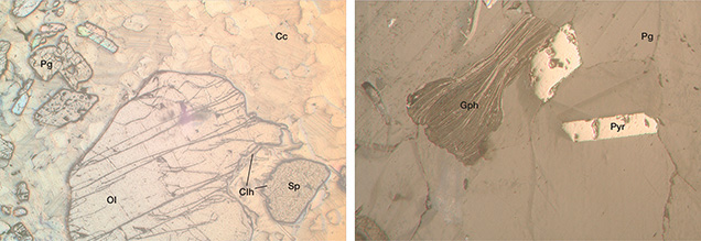 Thin sections of spinel-bearing rock