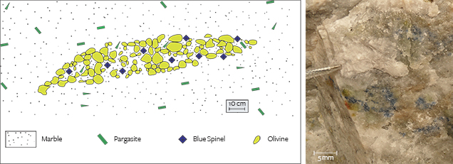 Mable-hosted lenses in which blue spinel deposits appear]