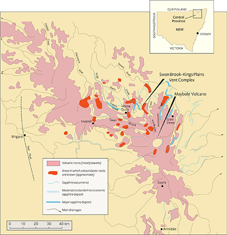 Map of the New England sapphire fields in New South Wales, Australia