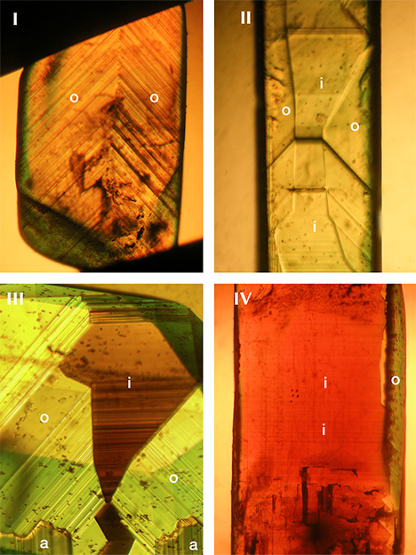 Growth zoning of chrysoberyl from New South Wales, Australia, groups I through IV