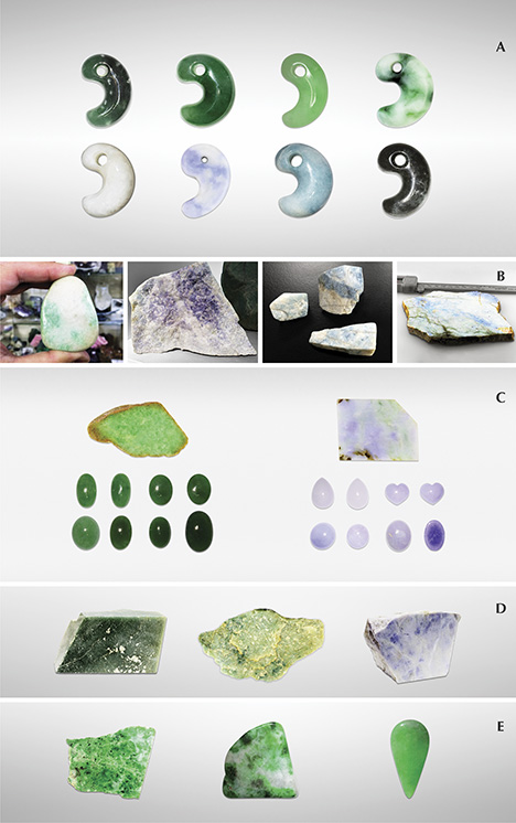Jadeite samples from Japan, Myanmar, Guatemala, and Russia