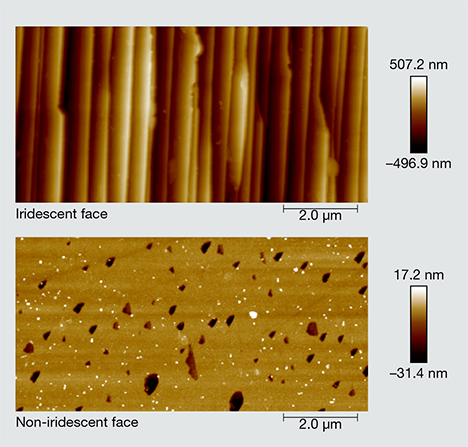 Atomic force microscopy images of iridescent and non-iridescent faces in quartz