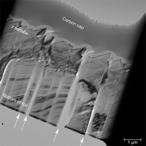 Brightfield TEM image of section of iridescent quartz face