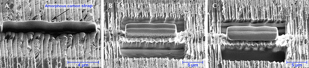 SEM images of iridescent quartz surface during focused ion beam milling