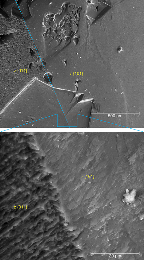 SEM images of iridescent z {011} and non-iridescent r {101} faces