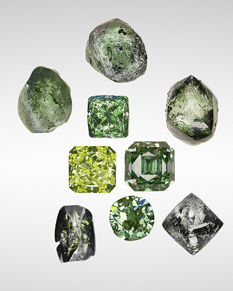 Rough and faceted natural-color green diamonds.