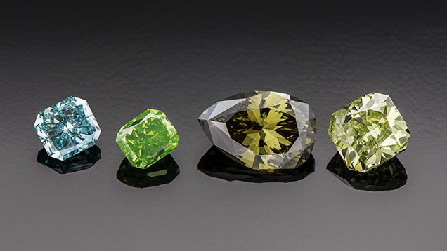 Ranges of hue in natural-color green diamonds.