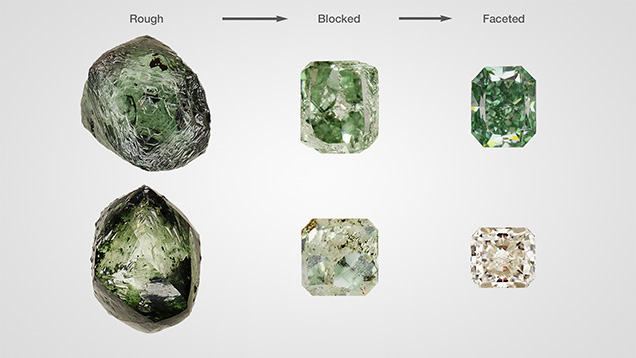 Green diamond appearance from rough to faceted.