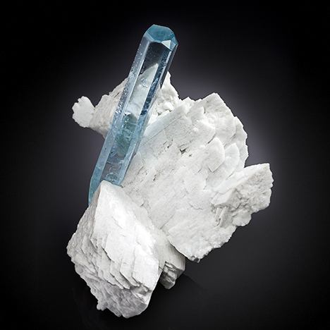 Aquamarine crystal on feldspar from Pakistan’s Shigar Valley.