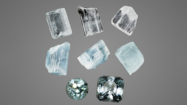 Rough and faceted aquamarine from the Shigar Valley.