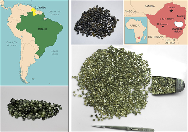 Green diamonds have been produced from Guyana and Brazil (left) as well as Zimbabwe (right).