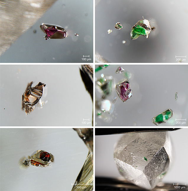 Orange-red-purple garnet and green clinopyroxene minerals can be analyzed for specific isotopes to help determine diamond ages.