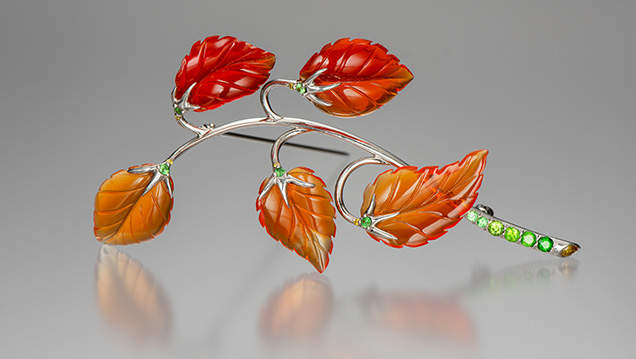 Fire Opal and Russian Demantoid Garnet Pin