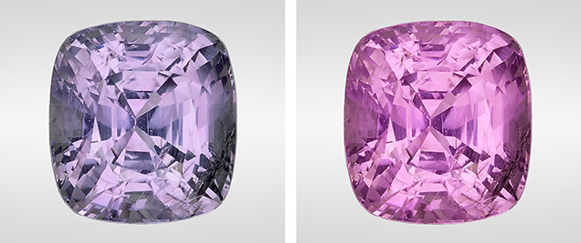 Sapphire shows a strong color change from grayish violet to purple-pink.