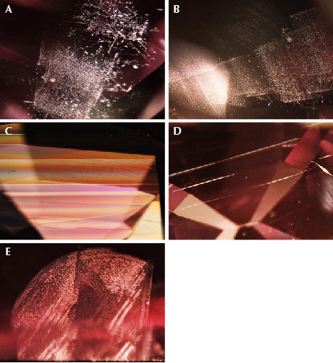 Microscopic examination of the color-change sapphire revealed many features.