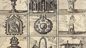 Details of two engravings representing the treasury of Aachen Cathedral.