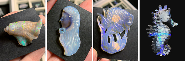 Australian opal is hand-carved in Bali.