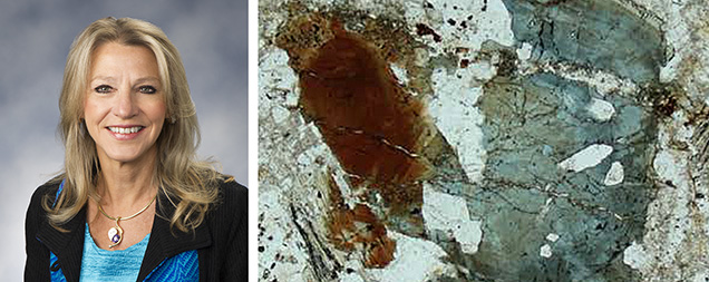 Barbara Dutrow (left) and a sample of brown dutrowite tourmaline (right).