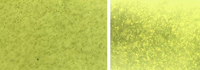 Acicular (left) and needle-like inclusions (right) in star peridot.