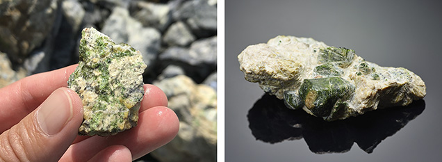 Demantoid usually occurs as very small grains in the host rock.