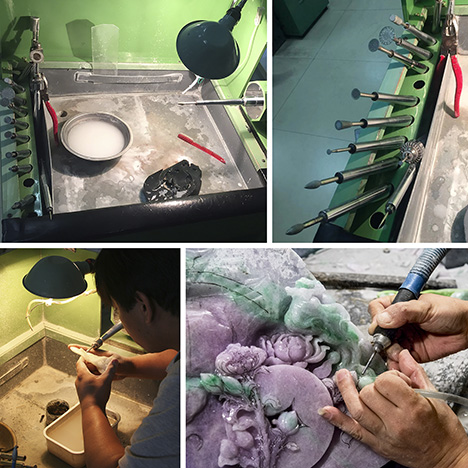 A carver works a jade piece on a jade grinding machine.