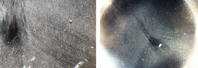 Cloud and needle-like inclusions as seen from the base of the cabochons.