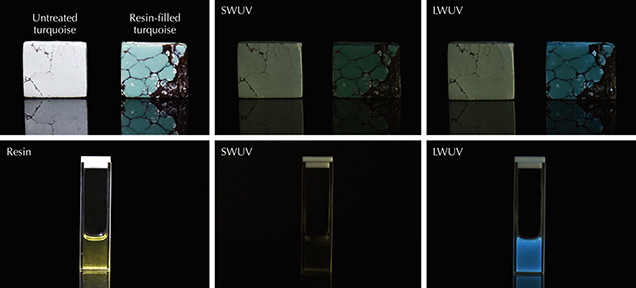 Fluorescence reactions of untreated turquoise, resin-filled turquoise, and resin