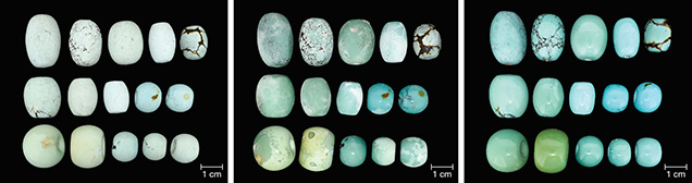 Variation in turquoise samples at different stages of resin filling