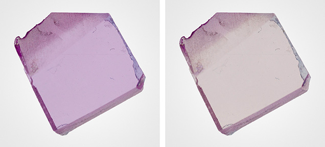 Polished wafer of synthetic pink sapphire under different polarized lighting conditions