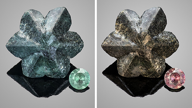 Color-change alexandrite seen under daylight and incandescent light.