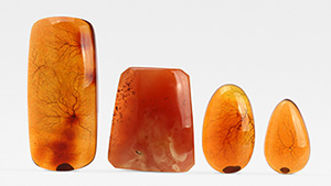 A variety of amber material showing effects of irradiation treatment.