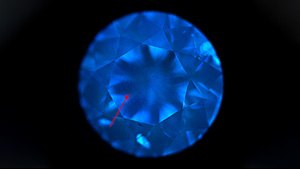 Blue fluorescence and moderate blue-green phosphorescence seen with the DiamondView.