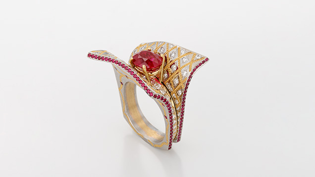 Zoltan David’s “Ruby Flight” ring features a 2.45 ct Burmese ruby with melee diamonds and rubies.