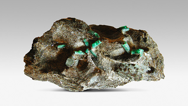 Emerald crystals from the Habachtal deposit, on a matrix of biotite