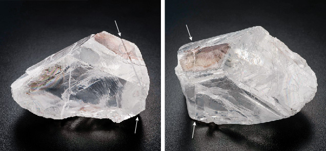 Figure 4. Two views of a large rough diamond with a pronounced mechanical twin plane. This 812 ct diamond, named the Constellation, has both freshly cleaved surfaces (left) and natural resorbed surfaces (right). Both views show a kink that wraps around the entire surface and defines an internal {111} twin plane where the crystal orientation is reversed with respect to the rest of the diamond. The diamond is 6.6 cm in its longest dimension. Photos by Jian Xin (Jae) Liao.