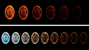 Figure 1. Top: A series of images showing the gradual change (left to right) in the phosphorescence of the 0.71 ct HPHT-grown colorless diamond after removing it from the LWUV source (left image) in increments of 30 seconds for 150 seconds (right image). Bottom: The gradual change in phosphorescence after exposure to a SWUV source (left image) in increments of 30 seconds. The greenish blue and orange emissions decay differently, with the blue fading faster (~90 seconds, fourth image from left) than the orange (~240 seconds, right image). Images by Guy Borenstein.