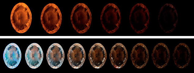 Figure 1. Top: A series of images showing the gradual change (left to right) in the phosphorescence of the 0.71 ct HPHT-grown colorless diamond after removing it from the LWUV source (left image) in increments of 30 seconds for 150 seconds (right image). Bottom: The gradual change in phosphorescence after exposure to a SWUV source (left image) in increments of 30 seconds. The greenish blue and orange emissions decay differently, with the blue fading faster (~90 seconds, fourth image from left) than the orange (~240 seconds, right image). Images by Guy Borenstein.