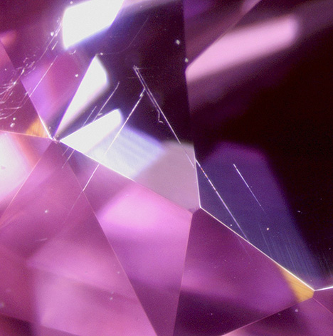 Figure 3. Unaltered tubes in the heated purplish pink sapphire. Photomicrograph by Ugo Hennebois; field of view 2 mm.