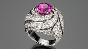Figure 1. This ring from Graff features a 3.95 ct pink sapphire and 7.5 carats of diamond in a spiral design. Photo by Robert Weldon; courtesy of Jewelerette Co.