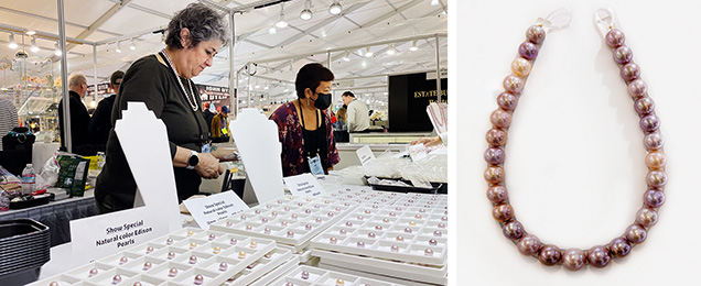 Figure 2. Left: “Edison” pearls were available in large sizes and attractive colors. Photo by Si Athena Chen; courtesy of A&B Jewelry. Right: A strand of “Edison” pearls of various colors, in sizes from 14 to 16 mm. Photo by Mimi Travis; courtesy of Yen’s Jewelry & Accessories.