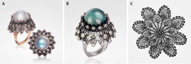 Figure 1. A: This Lace Ring is crafted in 18K rose gold with blackened gold lace, featuring a cultured freshwater pearl measuring 16.5 mm in diameter, enclosed by natural-color pink and lavender sapphire round brilliants weighing 2.86 carats total. The shank of the ring is embellished with 0.06 carats of diamonds. B: This Tahitian pearl Lace Ring is created in 18K white gold with sandblasted and blackened gold lace. The cultured Tahitian pearl measures 16.0 mm and is surrounded by round brilliant diamonds, 1.35 carats total. The rubies in the shank weigh a total of 0.08 carats. C: A handmade doily crocheted by Smith’s grandmother. Photos courtesy of Brenda Smith.