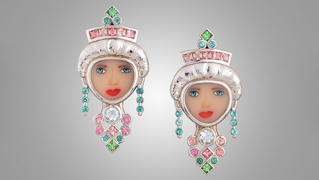 Figure 2. These &ldquo;Gibson Girl&rdquo; <em>millefiori</em> earrings in 18K white gold contain Para&iacute;ba tourmalines (1.11 carats total), pink tourmalines (1.54 carats total), and 0.56 carats of aquamarine. Photo courtesy of Brenda Smith.