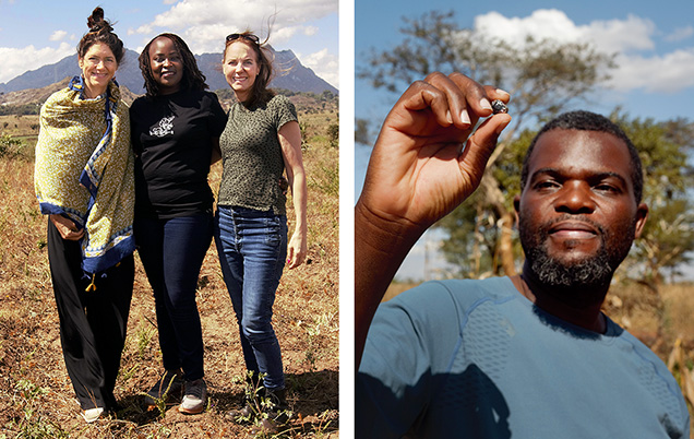 Figure 3. Left: Virtu Gem cofounders Jessica Hudson, Monica Gichuhi, and Susan Wheeler on a recent visit to Malawi. Right: Percy Maleta, the organization’s country exporter and ambassador in Malawi, examines a rough gemstone. Photos courtesy of Virtu Gem.