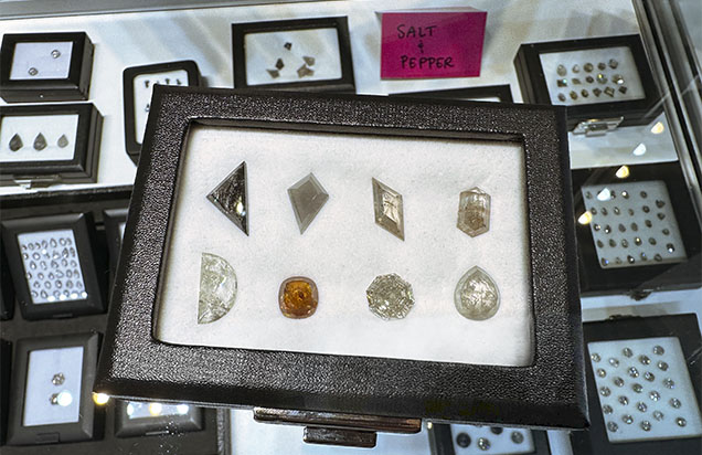 Figure 5. “Salt and pepper” diamonds containing eye-visible inclusions. Photo by Jennifer Stone-Sundberg; courtesy of Misfit Diamonds.